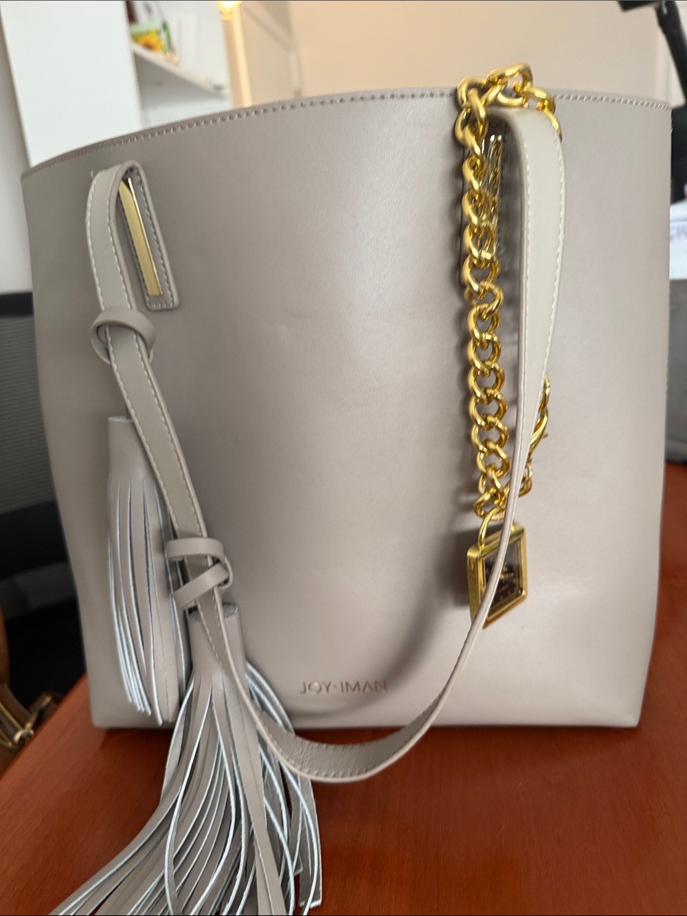 Joy & Iman Leather Tote with Gold watch Chain and Tassel